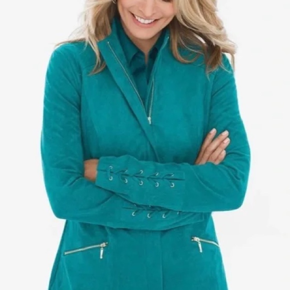 EUC Chico's Faux Suede Green Zip Jacket Lace-Up Sleeves Size 2 or US 12-14